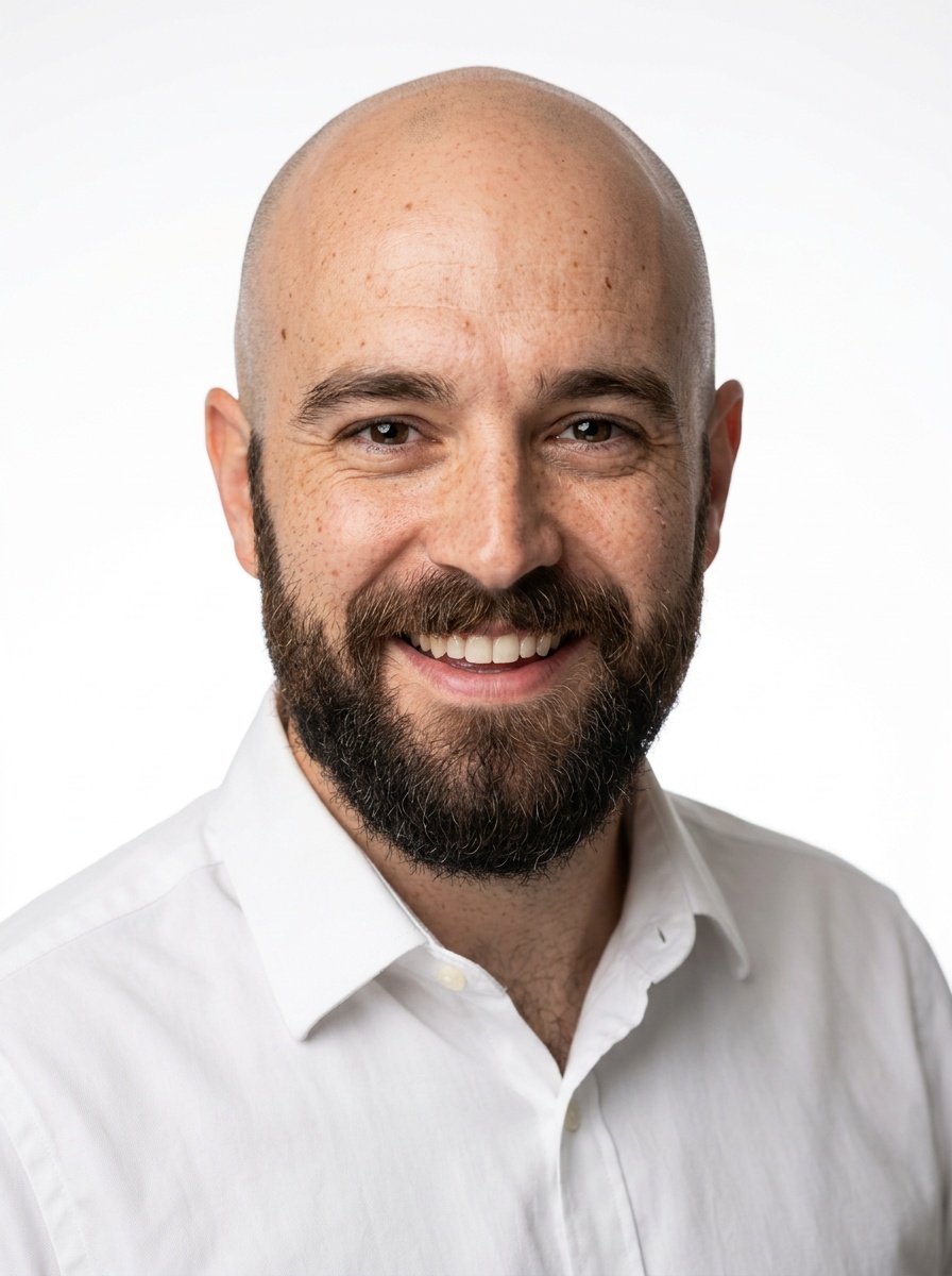 Professional AI LinkedIn headshot in White button-up shirt on White / Pure White Studio