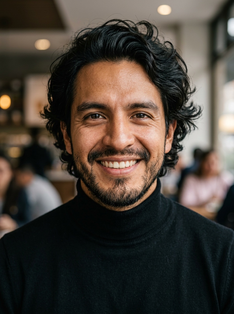 Professional AI LinkedIn headshot in Fitted black turtleneck on Cafe (warm professional)