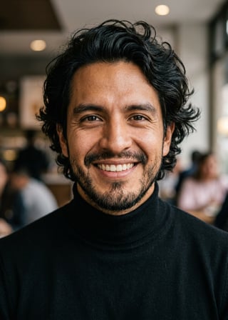 Professional AI LinkedIn headshot in Fitted black turtleneck on Cafe (warm professional)
