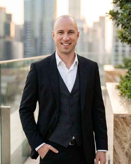 Rooftop Skyline · Black Blazer Tonal headshot example