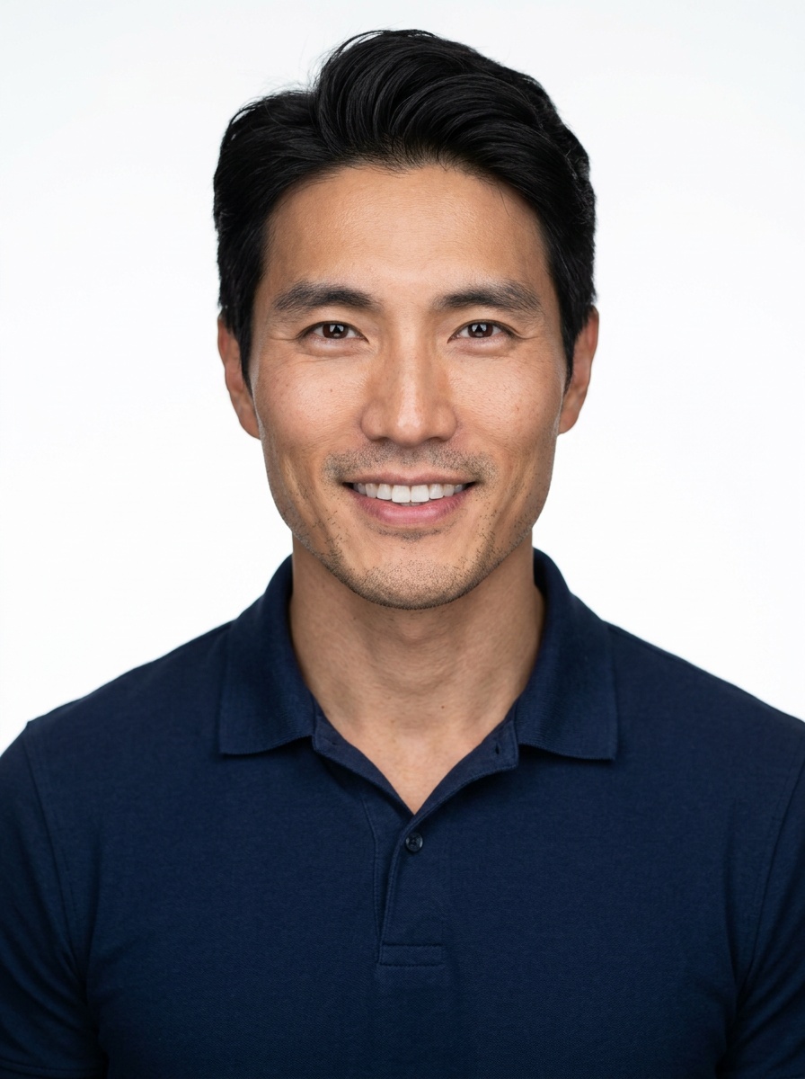Professional AI LinkedIn headshot in Navy blue short-sleeve polo on White / Pure White Studio