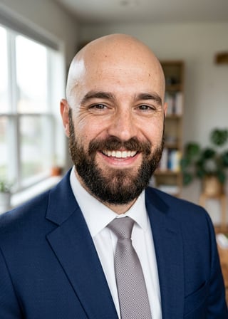 Professional AI LinkedIn headshot in Navy tailored suit on Window (natural light)