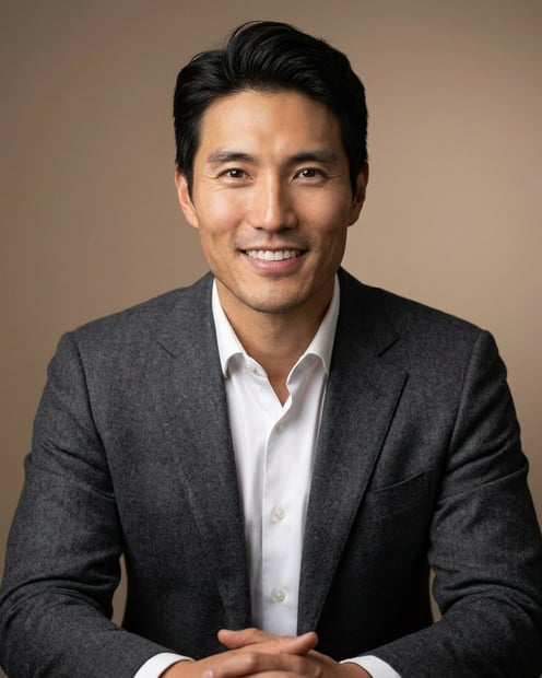 Plain Warm Taupe Studio · Charcoal Suit with Winter Neutral Layer headshot example