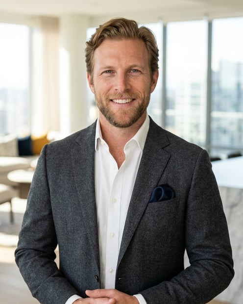 Staged Luxury Living Room · Open-Collar Blazer headshot example