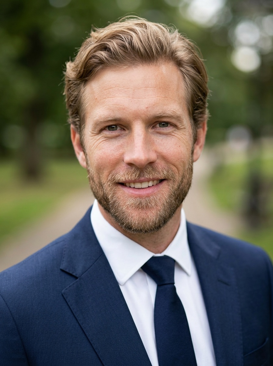 Professional AI LinkedIn headshot in Dark blue tailored suit on Park (soft outdoor)