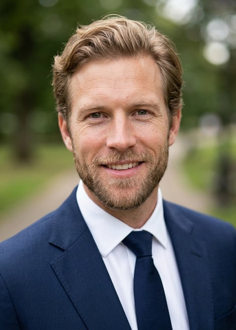 Professional AI LinkedIn headshot in Dark blue tailored suit on Park (soft outdoor)