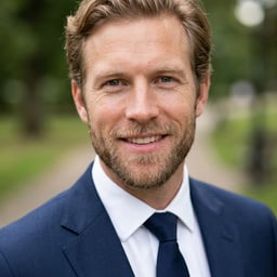 Professional AI LinkedIn headshot in Dark blue tailored suit on Park (soft outdoor)