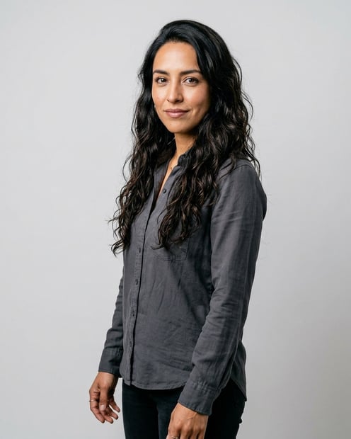 Soft White to Light Grey Studio · Charcoal Button-Up with Dark Pants headshot example