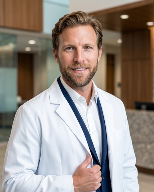 Premium Hospital Lobby · Medical Executive Suit with White Coat headshot example