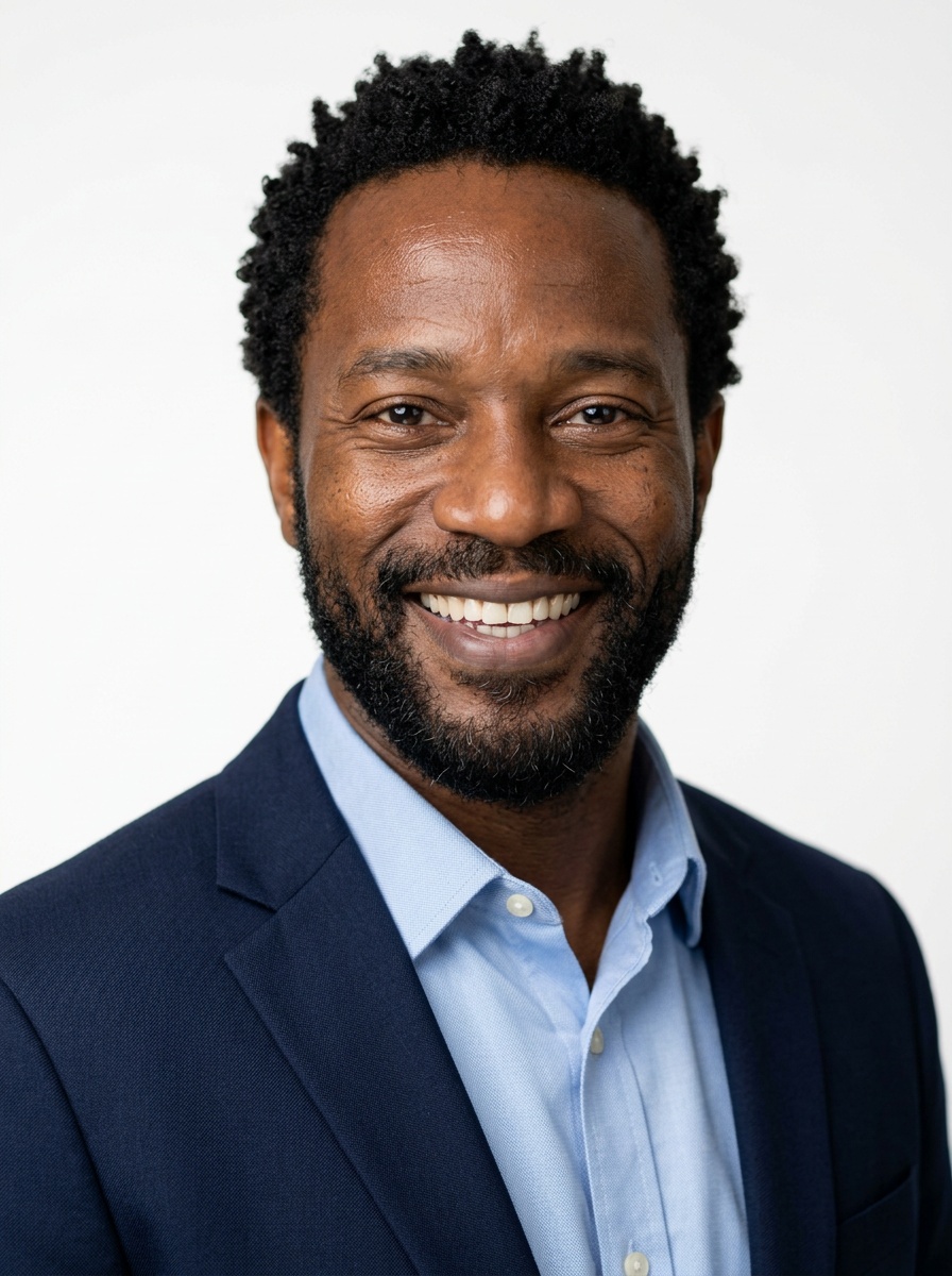 Professional AI LinkedIn headshot in Light blue button-up shirt on White / Pure White Studio