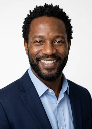 Professional AI LinkedIn headshot in Light blue button-up shirt on White / Pure White Studio