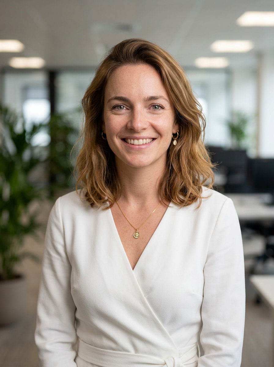 Professional AI LinkedIn headshot in White wrap dress on Office / Modern Office Workspace