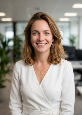 Professional AI LinkedIn headshot in White wrap dress on Office / Modern Office Workspace