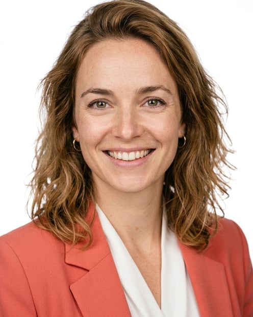 White / Pure White Studio · Coral blazer over white blouse headshot example