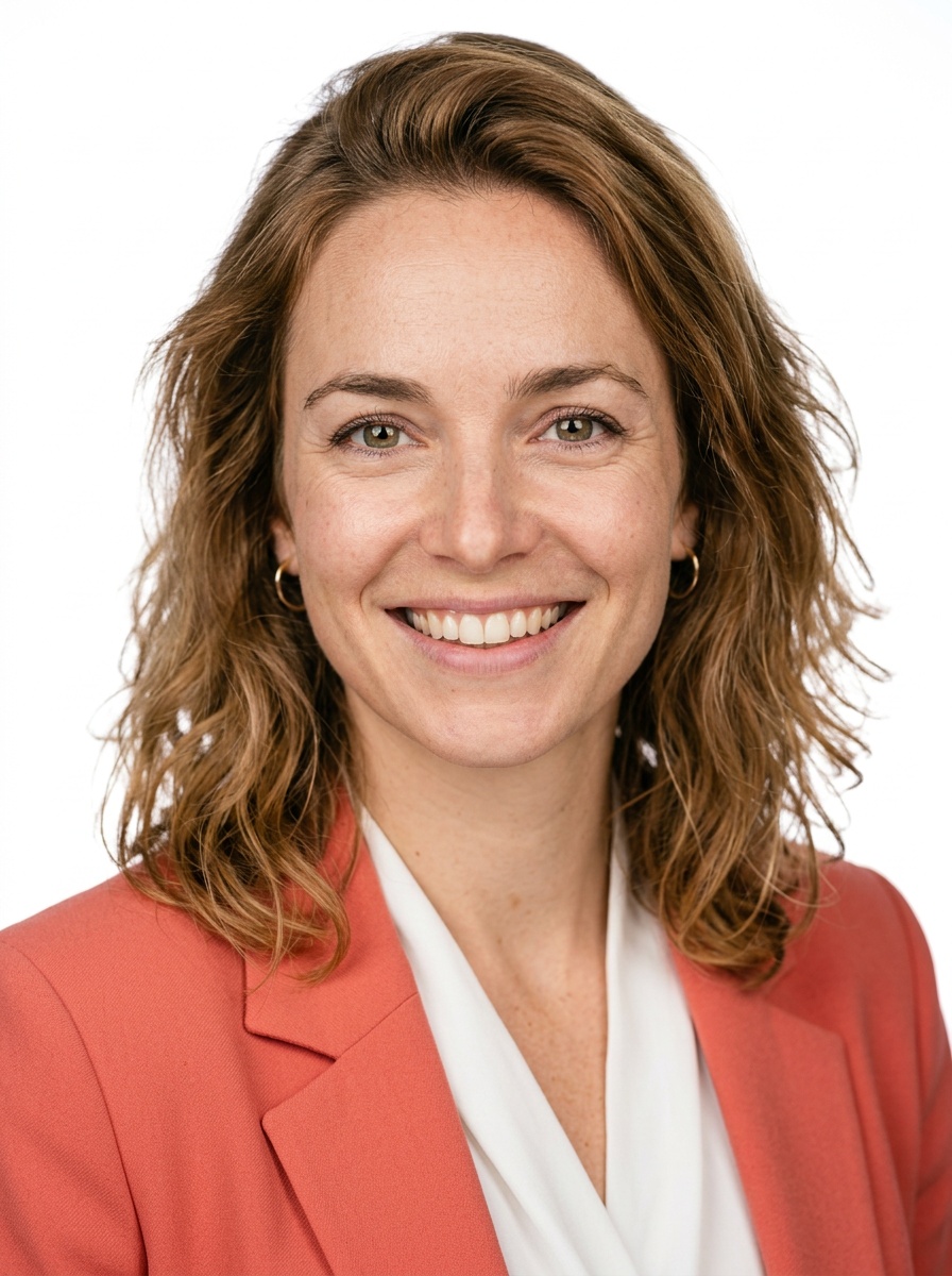 Professional AI LinkedIn headshot in Coral blazer over white blouse on White / Pure White Studio