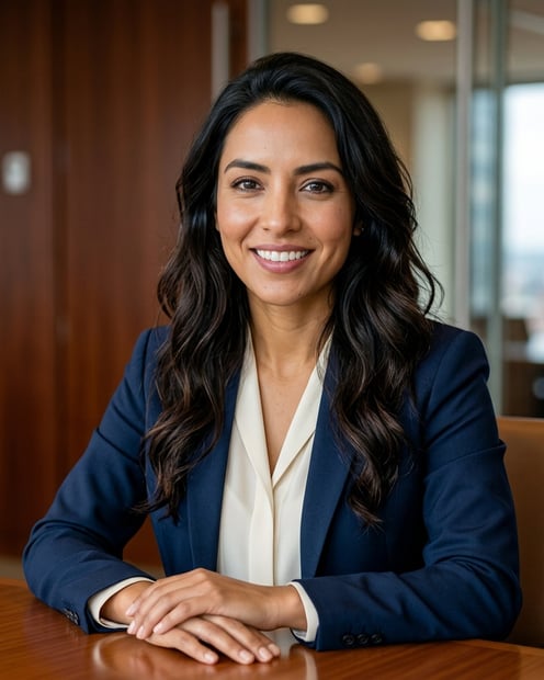 Warm Wood Conference Room · Navy Blazer Open Collar headshot example