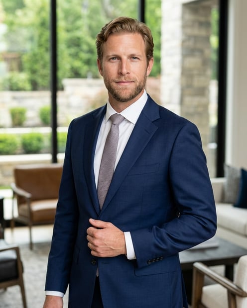 Stone Driveway Entry · Navy Suit with White Shirt headshot example