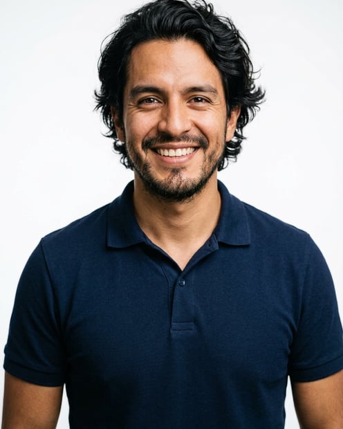 White / Pure White Studio · Navy blue short-sleeve polo headshot example