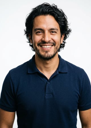 Professional AI LinkedIn headshot in Navy blue short-sleeve polo on White / Pure White Studio
