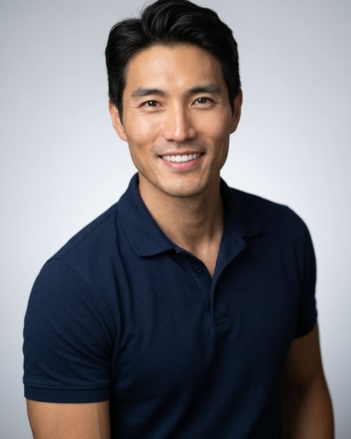 Neutral Gradient / Light Grey · Navy blue short-sleeve polo headshot example