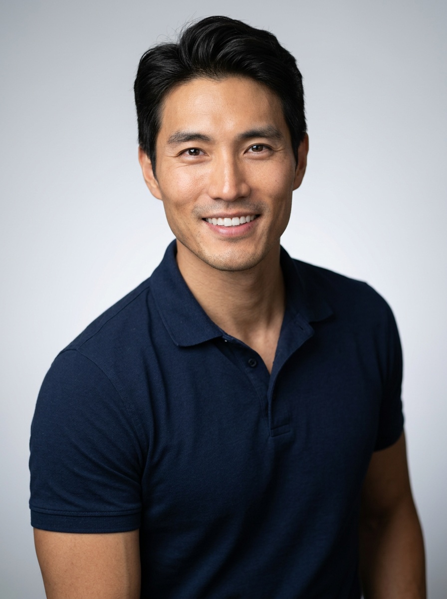 Professional AI LinkedIn headshot in Navy blue short-sleeve polo on Neutral Gradient / Light Grey
