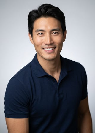 Professional AI LinkedIn headshot in Navy blue short-sleeve polo on Neutral Gradient / Light Grey