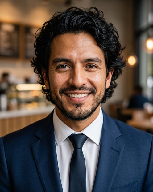 Cafe · Navy tailored suit headshot example