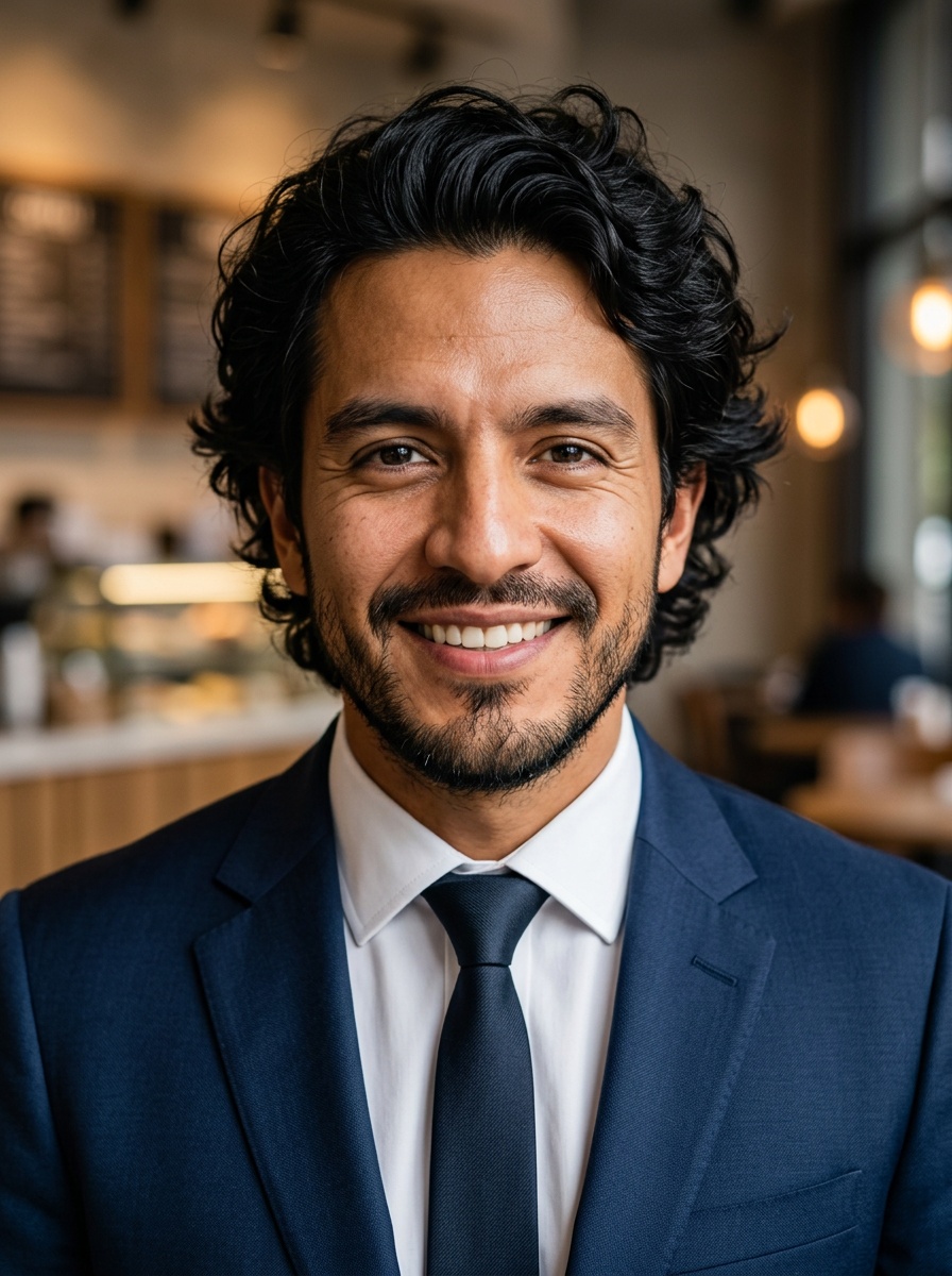 Professional AI LinkedIn headshot in Navy tailored suit on Cafe (warm professional)