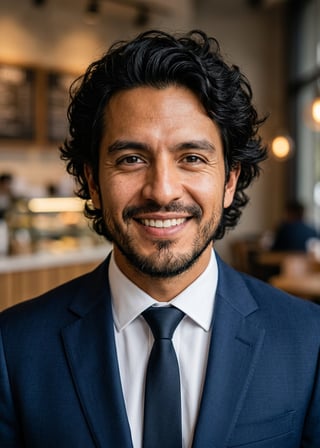 Professional AI LinkedIn headshot in Navy tailored suit on Cafe (warm professional)