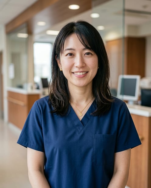 Blurred Nurse Station · Blue Nursing Scrubs headshot example