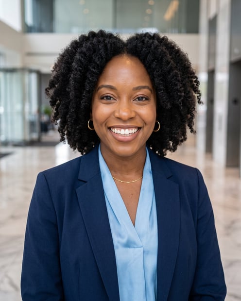 Corporate Lobby · Navy Blazer headshot example