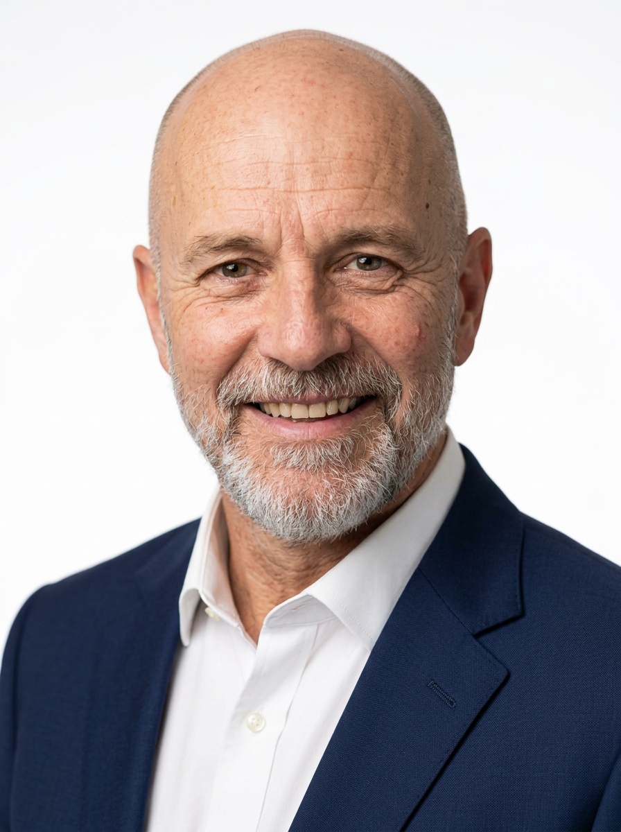 Professional AI LinkedIn headshot in Navy tailored suit on White / Pure White Studio