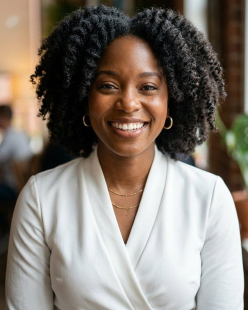 Cafe · White wrap dress headshot example