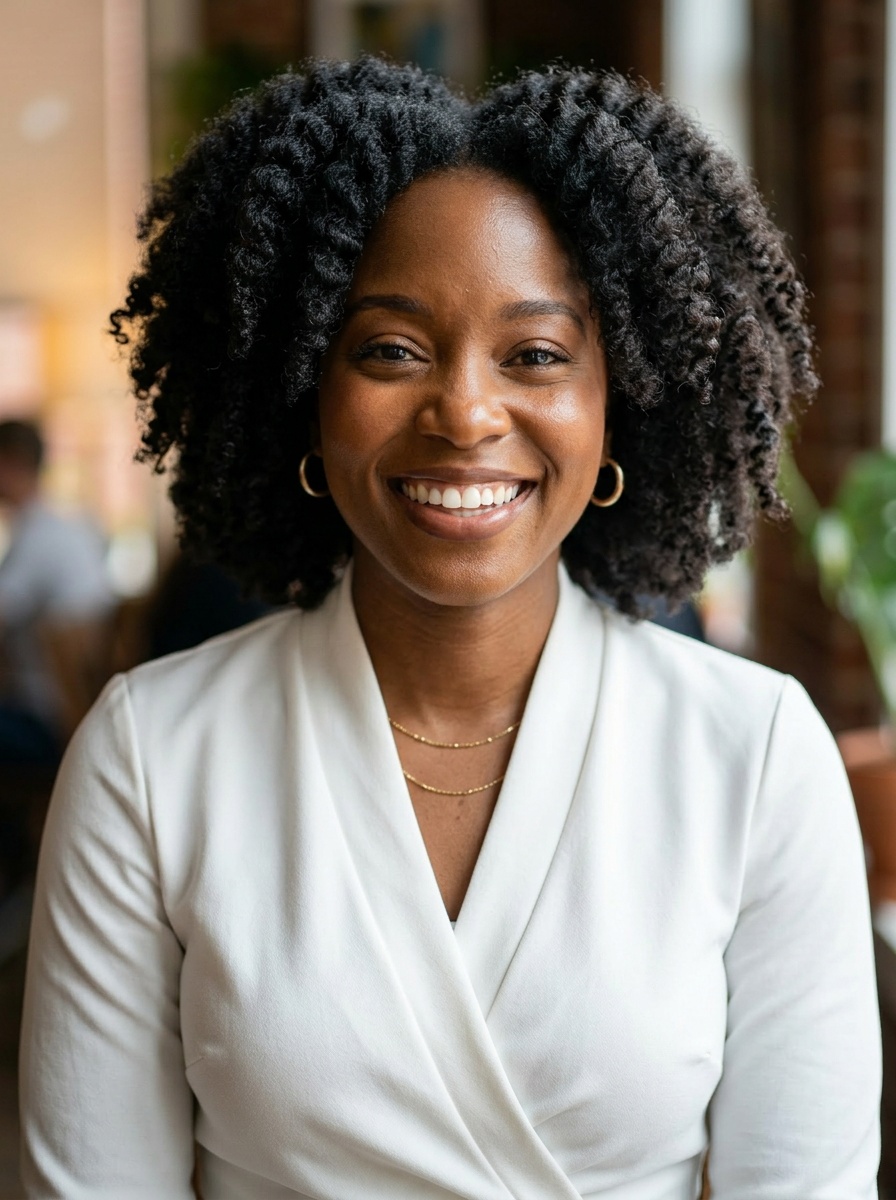 Professional AI LinkedIn headshot in White wrap dress on Cafe (warm professional)