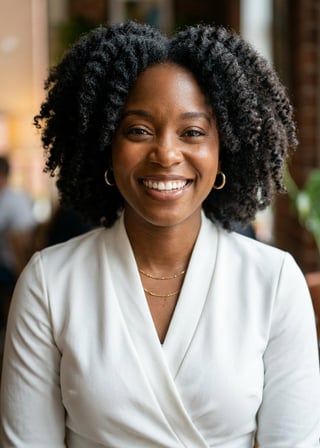 Professional AI LinkedIn headshot in White wrap dress on Cafe (warm professional)