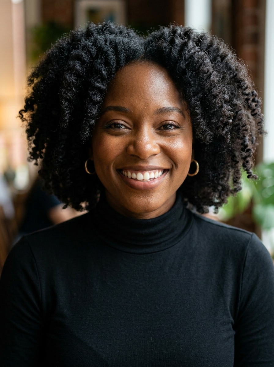 Professional AI LinkedIn headshot in Fitted black turtleneck on Cafe (warm professional)