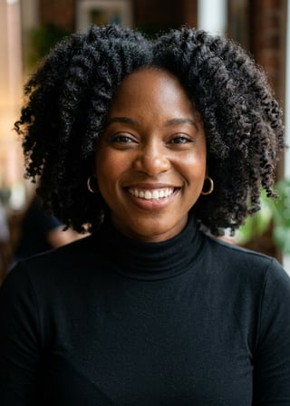 Professional AI LinkedIn headshot in Fitted black turtleneck on Cafe (warm professional)