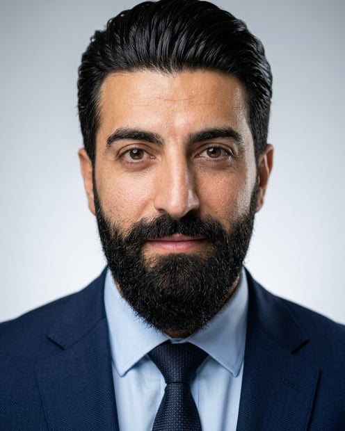 Neutral Gradient / Light Grey · Navy blazer with light blue shirt headshot example