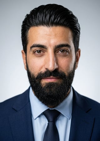 Professional AI LinkedIn headshot in Navy blazer with light blue shirt on Neutral Gradient / Light Grey