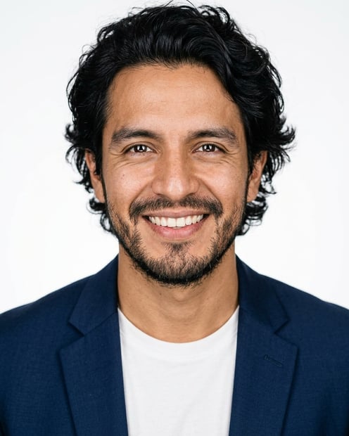 White / Pure White Studio · Open navy blazer over simple white tee headshot example