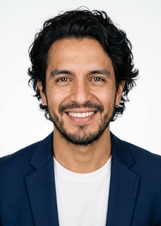 Professional AI LinkedIn headshot in Open navy blazer over simple white tee (tech-casual) on White / Pure White Studio
