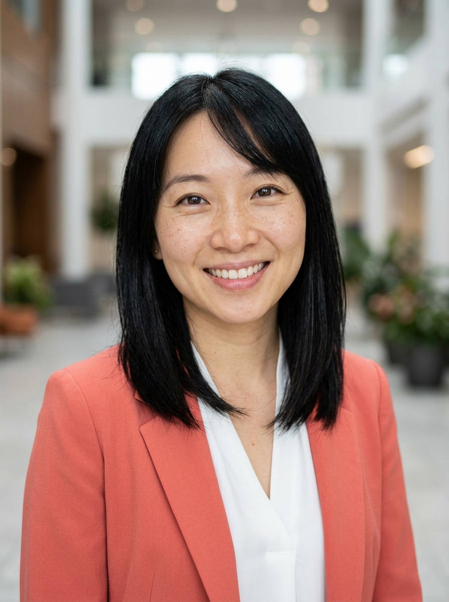 Professional AI LinkedIn headshot in Coral blazer over white blouse on Lobby (corporate lobby)