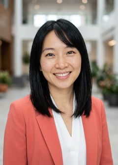 Professional AI LinkedIn headshot in Coral blazer over white blouse on Lobby (corporate lobby)