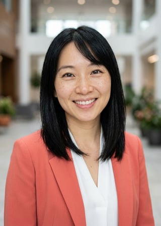 Professional AI LinkedIn headshot in Coral blazer over white blouse on Lobby (corporate lobby)