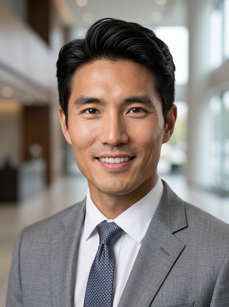 Professional AI LinkedIn headshot in Light gray blazer on Lobby (corporate lobby)
