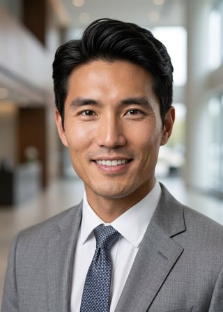 Professional AI LinkedIn headshot in Light gray blazer on Lobby (corporate lobby)