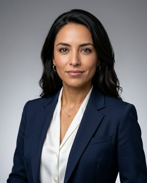 Light Grey Gradient Studio · Navy Suit with White Shirt headshot example