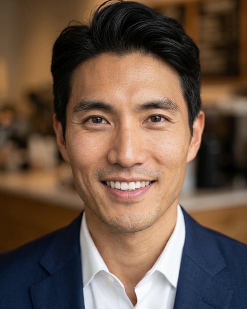 Cafe · Dark blue tailored suit headshot example