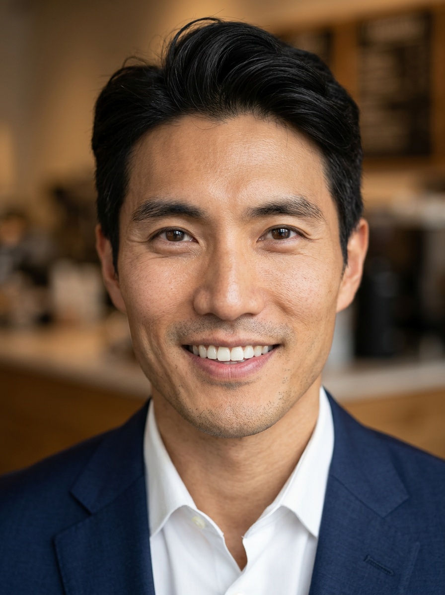 Professional AI LinkedIn headshot in Dark blue tailored suit on Cafe (warm professional)