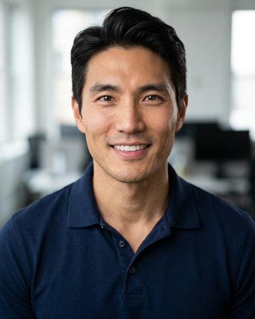Office / Modern Office Workspace · Navy blue short-sleeve polo headshot example